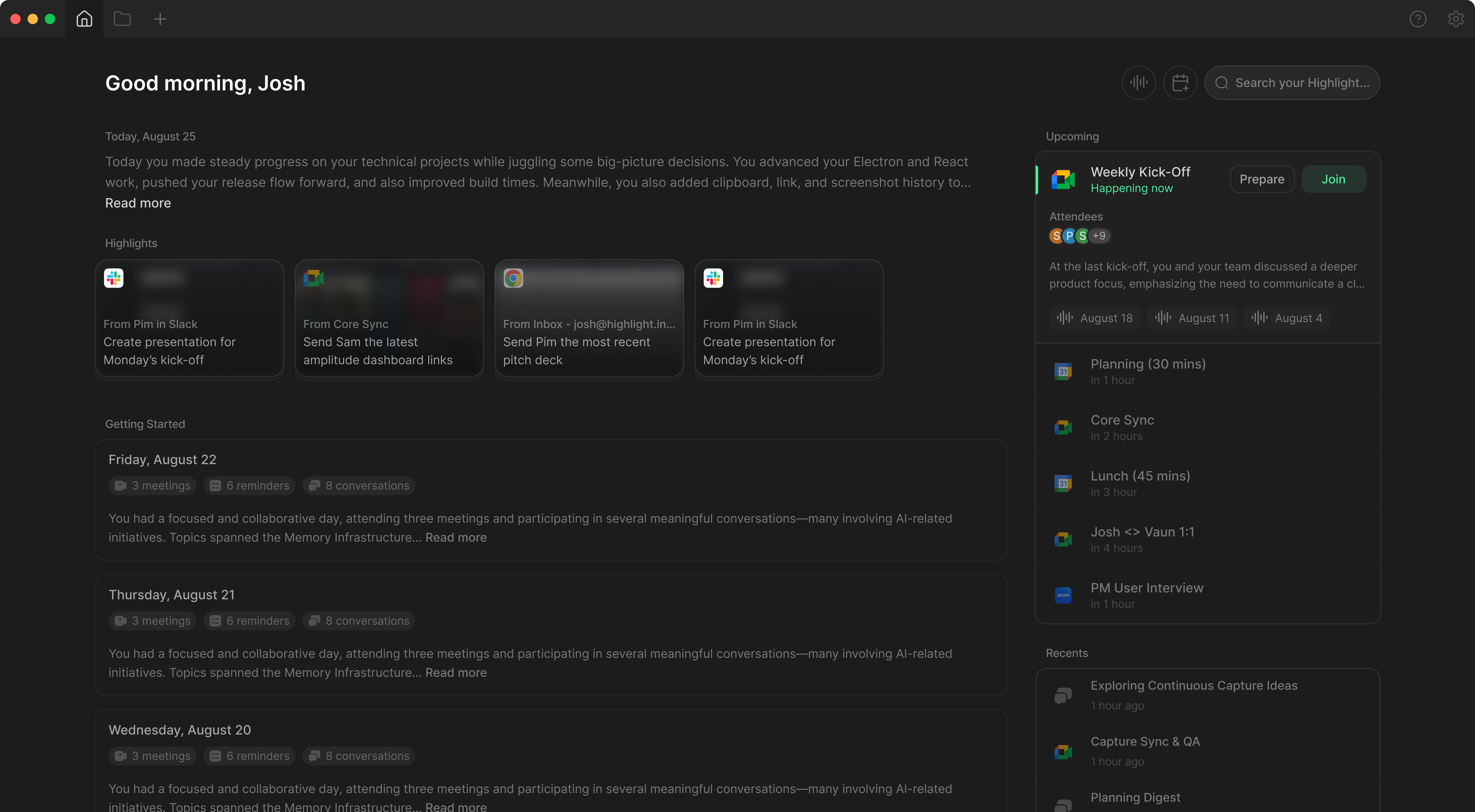 Highlight Daily Summary Interface - Good morning, Josh